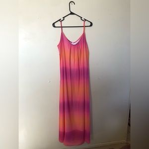 Floor length sunset orange and pink maxi dress, size M
